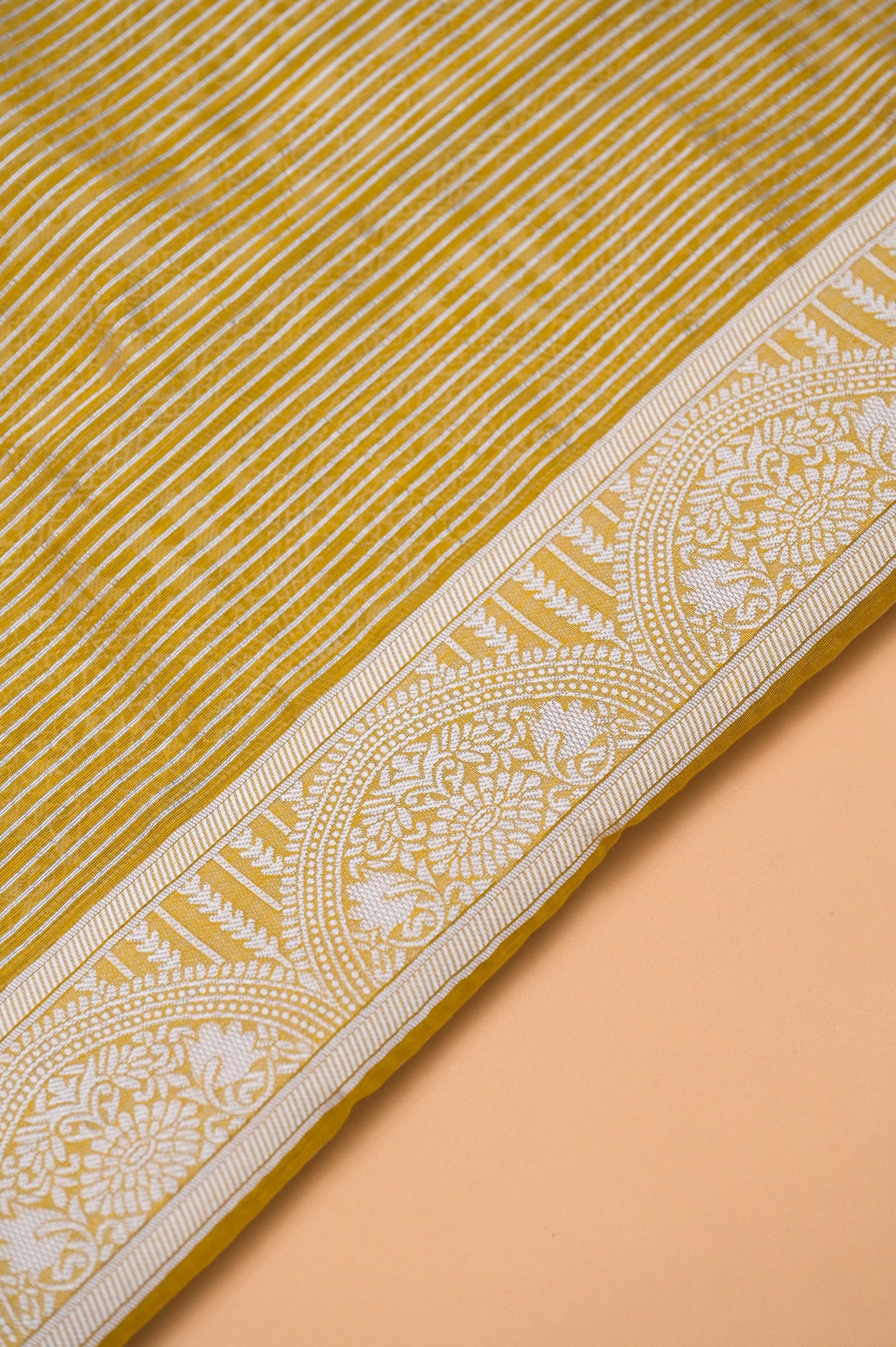 Leaf Jaal Ochre  Pure Cotton Saree With Strip Blouse